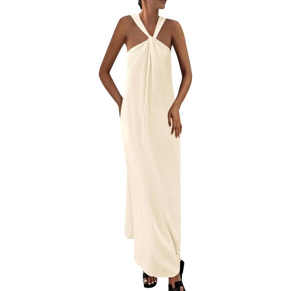 flowy maxi dress with pockets Women Maxi Dress, Elastic Waist Flowy Long Ankle Length Short Sleeve Pockets Boho Spring Summer Cute M / White main image 0